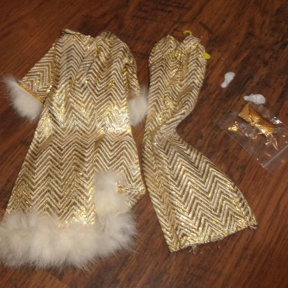 Barbie doll clothes Shillman 1960 gold sparkle dress gown long coat fur trim